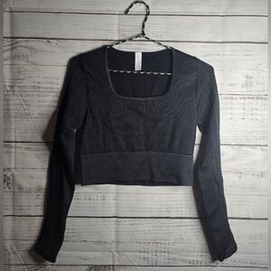 Offline By Aerie Ribbed Crop Top Long Sleeves Round Neck Black Medium